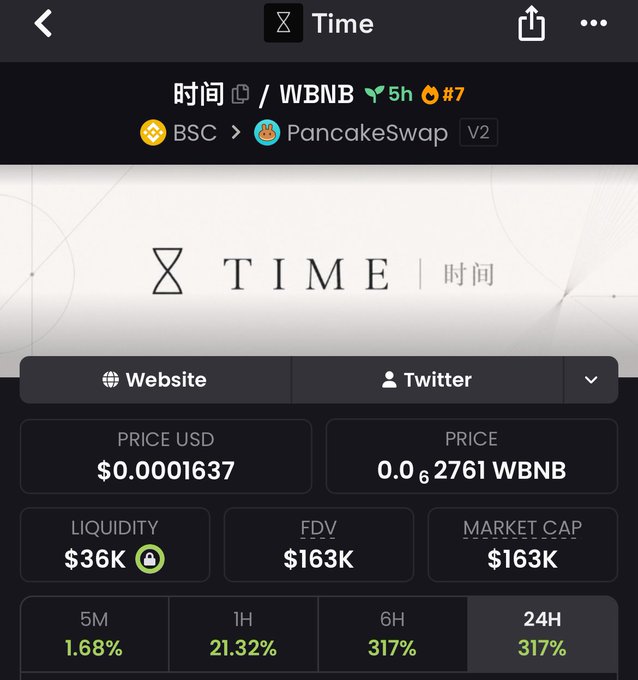 A crypto tracking screenshot showing the 'TIME / WBNB' token on PancakeSwap V2 with a price of $0.0001637, 317% 24h gain, and $163K market cap.
