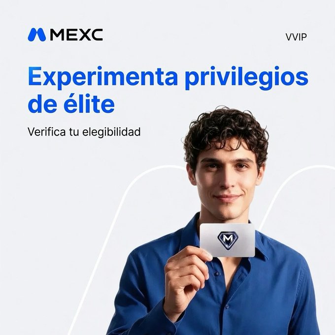 A MEXC cryptocurrency exchange advertisement in Spanish reading "Experimenta privilegios de élite / Verifica tu elegibilidad" featuring a young man in a blue shirt holding a silver VIP card with the MEXC logo.