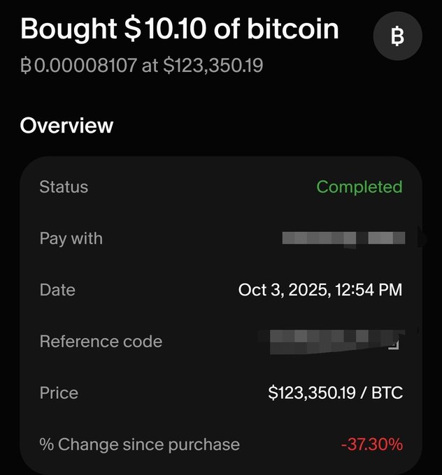 A mobile app screenshot showing a completed purchase of $10.10 of Bitcoin at $123,350.19 per BTC on October 3, 2025, with a -37.30% change since purchase.