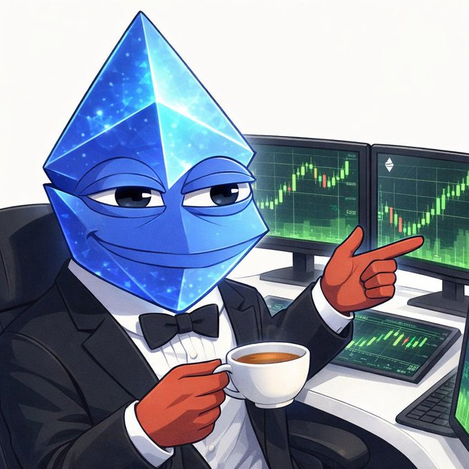 The image features a cartoon character dressed in a suit holding a cup of coffee while sitting at a desk next to several computer monitors. One monitor displays a stock chart, indicating that it might be a discussion or presentation related to cryptocurrency or financial markets. The caption below the image mentions Bitcoin and Ethereum being referred to as 'the biggest asset class', suggesting that the character could be discussing or presenting on these cryptocurrencies' performance or market trends at some point in time.