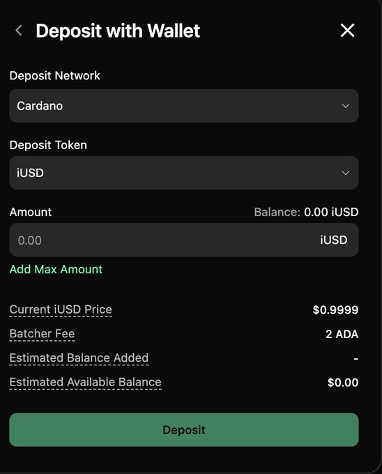 A "Deposit with Wallet" interface showing options to deposit iUSD token on the Cardano network, with a current balance of 0.00 iUSD, iUSD priced at $0.9999, and a 2 ADA batcher fee. The screen relates to the post by demonstrating the new functionality to mint and deposit iUSD using ADA on the Cardano network.