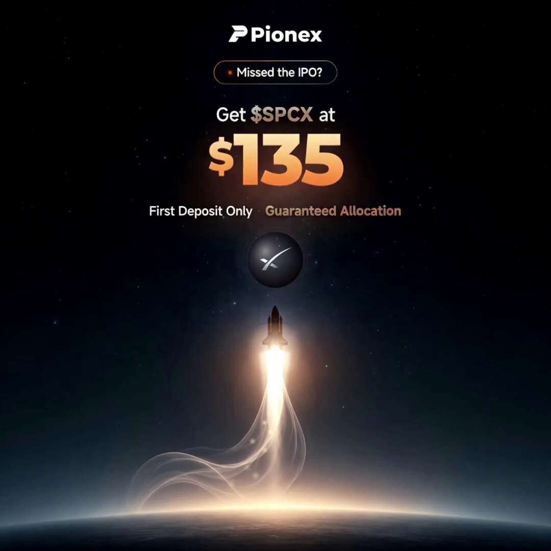 "Pionex" logo appears at the top of the screen with a website address displayed below it. The site's main title reads "PIONEX", followed by a paragraph about an event that occurred recently, which took place on August 4th 2015. 

The image features a rocket in flight against a dark blue sky filled with stars. It also displays the text: "Get $SPCX at $135 -- first deposit only, guaranteed allocation". The post appears to be promotional for an event involving Space X, and it encourages users to participate by paying $135 for a specific service or product related to Space X.