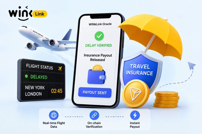 The image showcases WINkLink's automated travel insurance platform, featuring a smartphone displaying "WINkLink Oracle" with a "DELAY VERIFIED" confirmation, an "Insurance Payout Released" notification, and a "PAYOUT SENT" button alongside a wallet icon. Surrounding elements include a delayed New York to London flight (02:45 delay), a yellow protective umbrella, a "TRAVEL INSURANCE" shield, TRX cryptocurrency coins, and a 3-step process flow: Real-time Flight Data → On-chain Verification → Instant Payout. This visually illustrates the post's message of streamlined, claimless crypto payouts triggered automatically by verified flight delays through WINkLink's oracle technology.