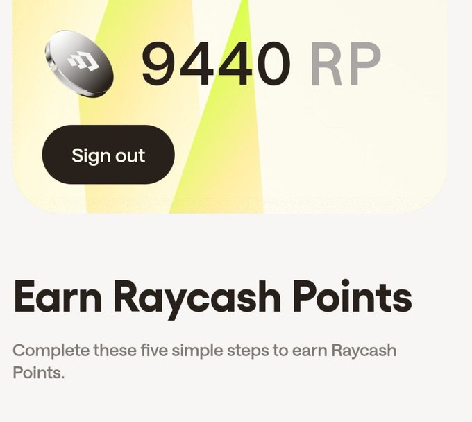 A mobile app screen displaying '9440 RP' points balance with a 'Sign out' button and 'Earn Raycash Points' heading below.