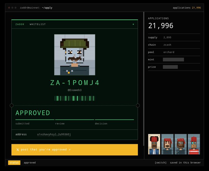 A web interface titled 'ZADDR WHITELIST' showing a pixel-art character with ID 'ZA-1POMJ4' marked as 'APPROVED' with an orange 'X post that you're approved' button, alongside a sidebar showing '21,996' applications.