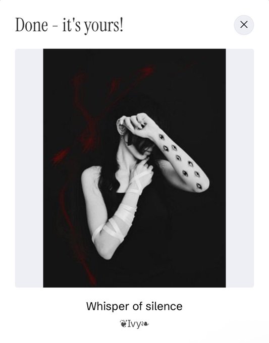 A black and white photograph titled 'Whisper of silence' by Ivy depicting a woman with bandaged arms covering her face, marked 'Done - it's yours!'.