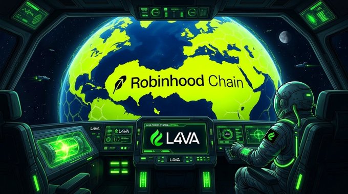 A futuristic green and black digital illustration of an astronaut in a spaceship cockpit looking out at Earth, with screens displaying 'L4VA' and a banner reading 'Robinhood Chain' overlaid across the globe.