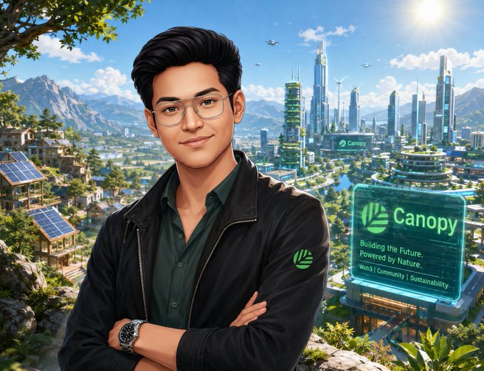 An AI-generated portrait of a young man wearing glasses and a black jacket, standing before a futuristic green cityscape with the 'Canopy' logo and tagline 'Building the Future. Powered by Nature.'