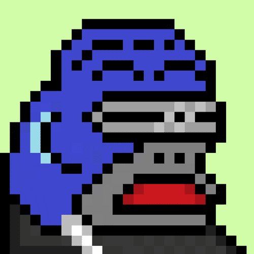 A pixel art illustration of a blue helmeted character with a gray visor and red mouth, rendered in retro 8-bit style against a light green background.