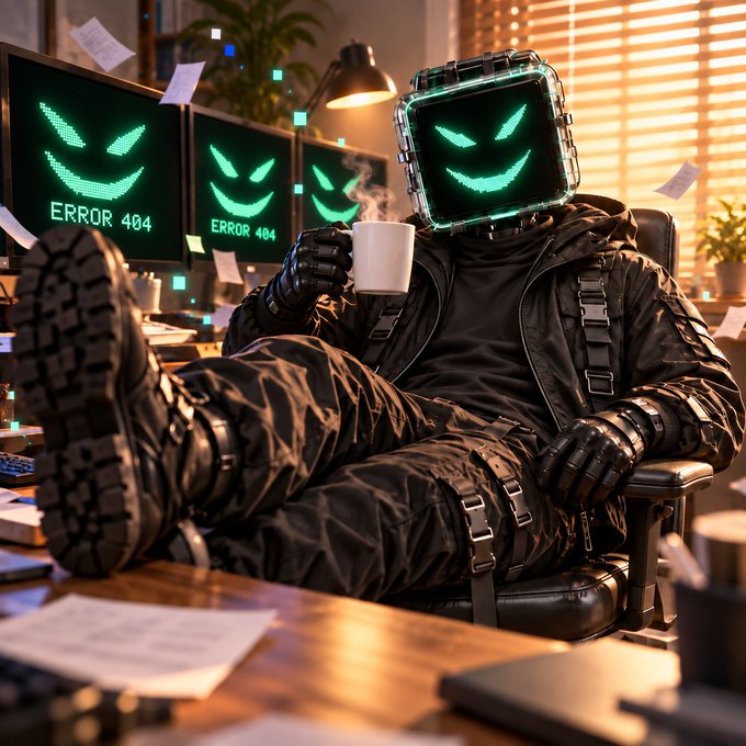 A character with a glowing green digital face displaying "ERROR 404" sits in a leather chair, holding a coffee mug with boots propped up on a desk.