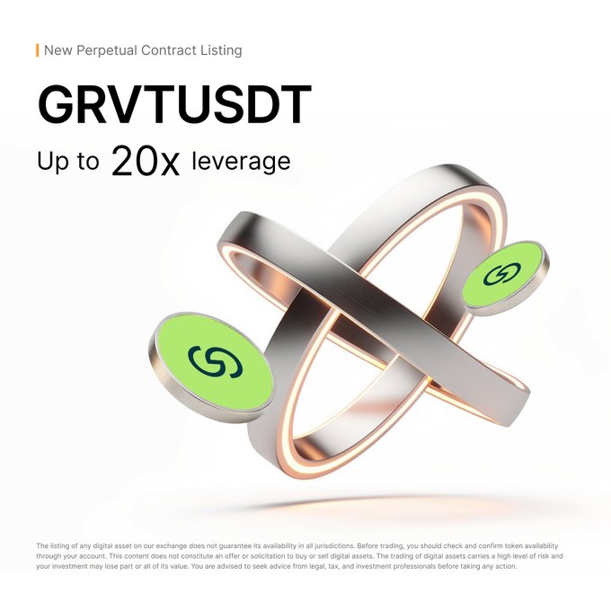 This image advertises the new perpetual contract listing of $GRVTUSDT on Bybit, highlighting up to 20x leverage. The visual features the ticker $GRVTUSDT prominently, along with abstract metallic rings and green circular tokens, complementing the trading theme.