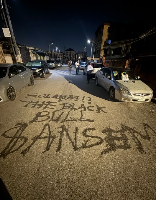 A nighttime street scene shows a group of people standing near parked cars, with large handwritten text spelling out "SOLANA!! THE BLACK BULL $ANSEM" spray-painted or written in liquid across the pavement—matching the post's claim about writing "$ANSEM" on the street, humorously attributed to "normie bros" and their "creativity."