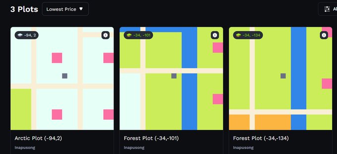The image shows a close-up view of three different map layouts displayed on a computer screen, with each layout representing a specific type or description related to land ownership - Arctic land, forests, and inland water. The first map is labeled "Arctic Plot (43/4)", which indicates it represents an Arctic location; the second map is called "Forest plot (4-10)", suggesting it showcases a forested area; the third map is named "Inland water plot (44/41)", indicating it depicts inland bodies of water. The post seems to be promoting the Terrariums V1 project, which is developed by @Ronin_Network, with the focus on sharing and discussing these types of maps among interested owners or enthusiasts in the online community.