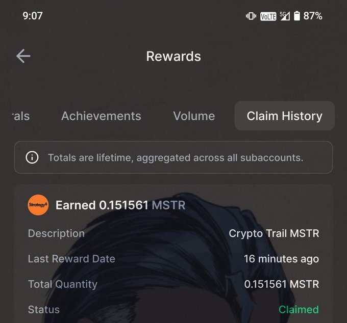 A Rewards screen showing 'Claim History' tab with an earned amount of 0.151561 MSTR from Crypto Trail MSTR, last rewarded 16 minutes ago, marked as Claimed.