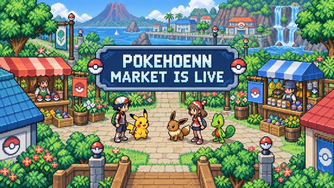 A pixel-art style promotional banner reading 'POKEHOENN MARKET IS LIVE' showing trainers and Pokemon in a vibrant town square.
