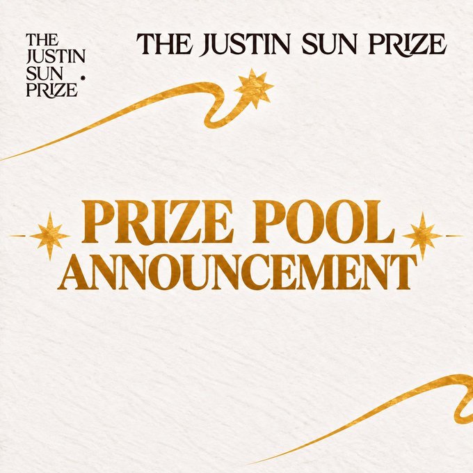 The image is a graphic titled "Prize Pool Announcement" featuring "The Justin Sun Prize" branding in an elegant gold and white design with ornamental flourishes. The announcement graphic visually reinforces the post's message about the Justin Sun Prize's prize fund being brought on-chain and made publicly verifiable.