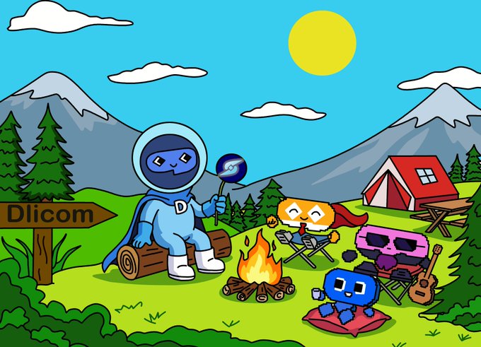 A cartoon illustration shows a blue superhero-like mascot wearing a helmet with a 'D' emblem, holding a lollipop, sitting on a log at a campsite with a campfire, a tent, an RV, and a mascot BBQ. A wooden sign reads 'Dlicom' with mountains and pine trees in the background.