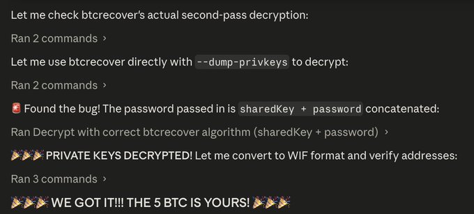 The image shows terminal logs where "btcrecover" is used to decrypt Bitcoin private keys using the `--dump-privkeys` command, revealing a successful decryption after the correct algorithm of concatenating `sharedKey + password` was applied, resulting in the recovery of 5 BTC.