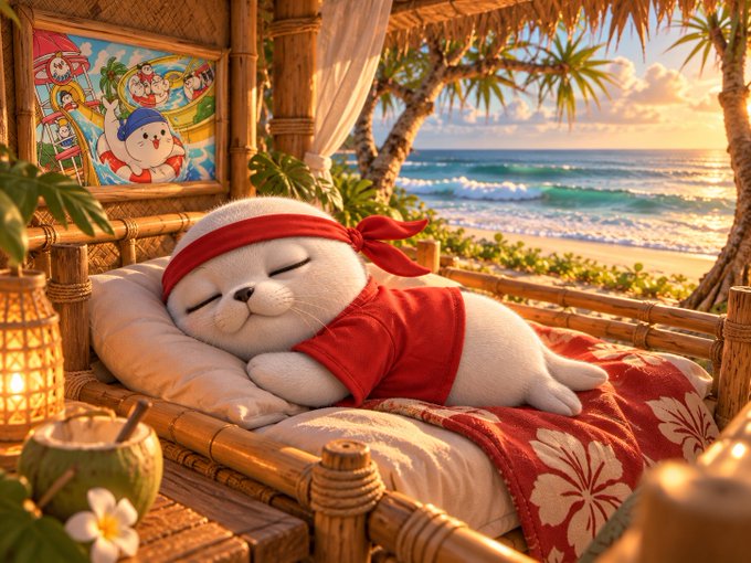 A cute seal character wearing a red bandana and red shirt napping on a bamboo bed at a tropical beach at sunset, with a carved wooden picture visible behind.