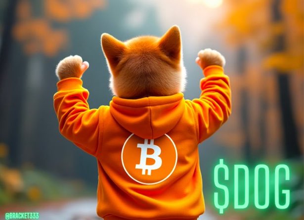 A digital artwork of a Shiba Inu dog wearing an orange hoodie with the Bitcoin logo on the back, raising its paws in a forest setting with '$DOG' text displayed, watermarked with @BRACKET333.