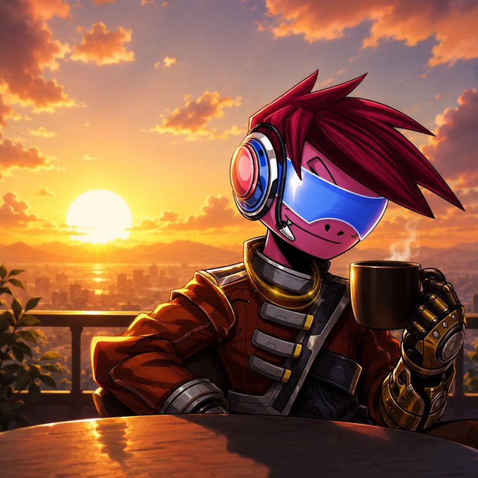 The image features a cartoon character wearing headphones, sitting at an outdoor table with a cup of coffee. The setting appears to be a cityscape during sunset, creating a serene atmosphere. The caption "It'S a weekend GM to Who GM back Let'S touch NFTs not grass" suggests that the character is enjoying their time outdoors and possibly discussing or planning something related to NFTs (Non-Fungible Tokens) in the context of the post.