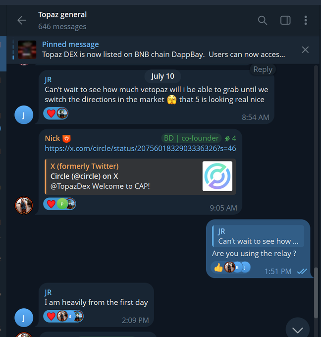 A Telegram group chat screenshot titled "Topaz general" with 646 messages, showing a pinned message about Topaz DEX listing on BNB chain and users discussing vetopaz rewards.