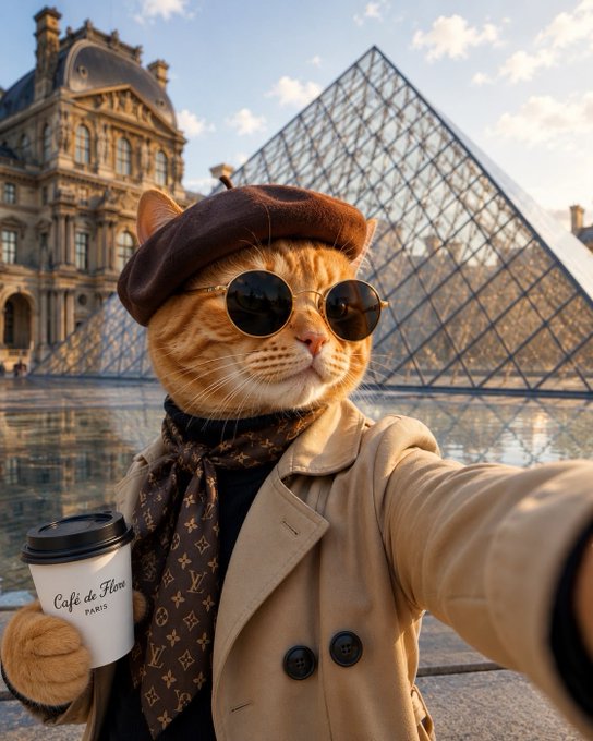 An anthropomorphic orange tabby cat dressed in a beige trench coat, Louis Vuitton patterned scarf, beret, and round sunglasses, holding a 'Café de Flore Paris' coffee cup while taking a selfie in front of the Louvre Pyramid.