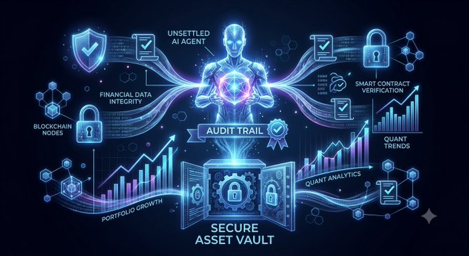 We need to write concise 1-2 sentence caption describing image, include key text, numbers, tickers, names. Also note how image relates to the post. So caption should mention AI agent, audit trail, secure asset vault, etc. Also mention "Unsettled AI Agent", "Audit Trail", "Secure Asset Vault", "Smart Contract Verification", "Quant Trends", "Portfolio Growth", "Financial Data Integrity", "Blockchain Nodes", "Quant Analytics". Also mention the partnership with @unicity_labs and runtime-enforced limits, self-custody, verifiable audit trails. So we need to incorporate that. The caption: "The diagram visualizes an Unsettled AI Agent delivering a verifiable audit trail to a Secure Asset Vault, with smart contract verification, financial data integrity, and portfolio growth, aligning with the post’s call for runtime‑enforced limits and self‑custody in Quant AI finance." That's 2 sentences?
