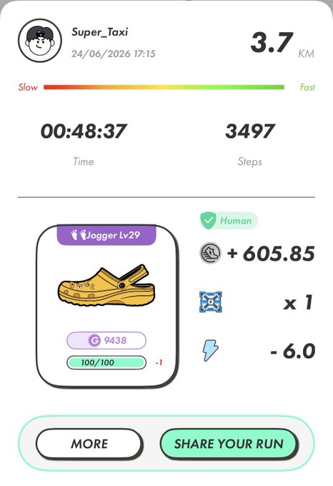 The image shows a phone screen displaying information about a fitness app called "StepN". The app tracks steps taken, calories burned, and distance traveled during a run. It also provides a step-by-step guide for running shoes based on the user's weight and foot size. The app has been used by multiple users who have completed their runs with the provided information.