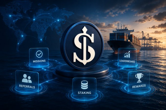 A promotional crypto/finance graphic featuring a central dollar sign coin with floating feature icons for MISSIONS, REFERRALS, STAKING, LEADERBOARD, and REWARDS, set against a backdrop of a cargo ship and world map.