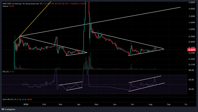 A TradingView candlestick chart for RARE/USDT showing technical analysis patterns with symmetrical triangle formations and an RSI indicator below.