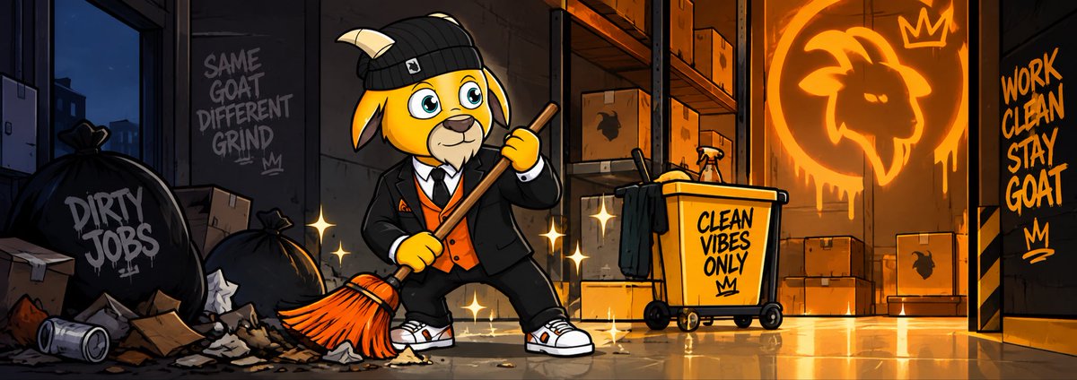 An anthropomorphic goat in a beanie and suit sweeps up "DIRTY JOBS" trash in a gritty alley, transforming it into a sparkling "CLEAN VIBES ONLY" cart beside a glowing goat-logo mural, with slogans like "SAME GOAT DIFFERENT GRIND" and "WORK CLEAN STAY GOAT" reinforcing the hustle theme—mirroring the post's rapid transition from Serum Event 1 being sold out to Serum Event 2 going live for $VET.
