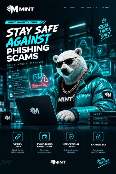 Safety poster for 'MINT' titled 'STAY SAFE AGAINST PHISHING SCAMS,' featuring a polar bear in sunglasses using a laptop, with tips to 'VERIFY URLS,' 'AVOID BLIND SIGNATURES,' 'USE OFFICIAL LINKS,' and 'ENABLE 2FA.'