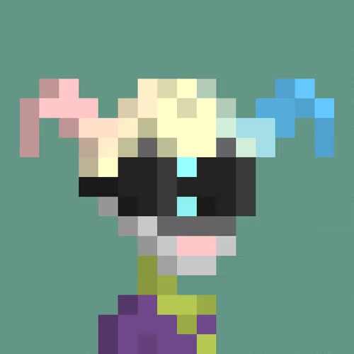 A pixel art illustration of a stylized character with blonde hair, wearing a black mask and teal headphones, with a pink sword-like object on the left and a blue one on the right, against a teal background.