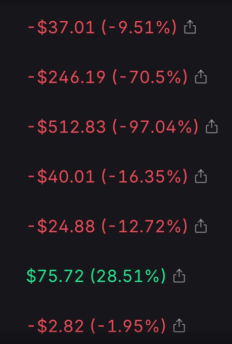 A screenshot displaying a list of financial losses in red text, showing various negative dollar amounts and percentage declines (e.g., -$246.19 (-70.5%), -$512.83 (-97.04%)), with one green positive entry of $75.72 (28.51%).