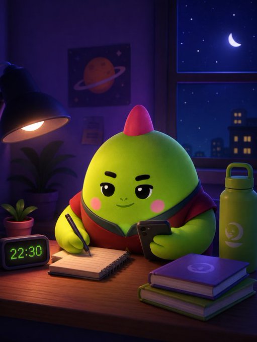 A green cartoon character with a red mohawk sits at a desk at 22:30, writing in a notebook while scrolling on a smartphone, illuminated by a desk lamp against a starry night sky. The late-hour studying perfectly captures the post's message about sleep becoming "homework" and treating wellness like a discipline to slog through rather than something genuinely restorative.