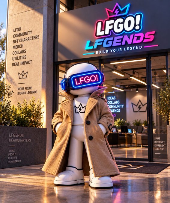 A storefront mascot character wearing a tan trench coat and a VR headset displaying 'LFGO!' stands in front of 'LFGO! LFGENDS' headquarters signage.
