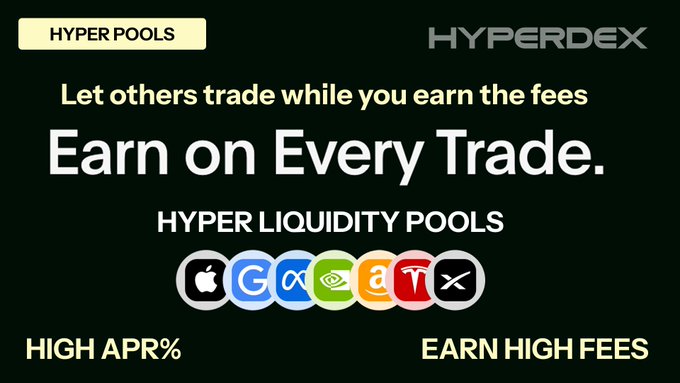 A promotional graphic for 'HYPER POOLS' by HYPERDEX, featuring text 'Let others trade while you earn the fees', 'Earn on Every Trade', 'HYPER LIQUIDITY POOLS', 'HIGH APR%', and 'EARN HIGH FEES', along with various cryptocurrency and company logos.