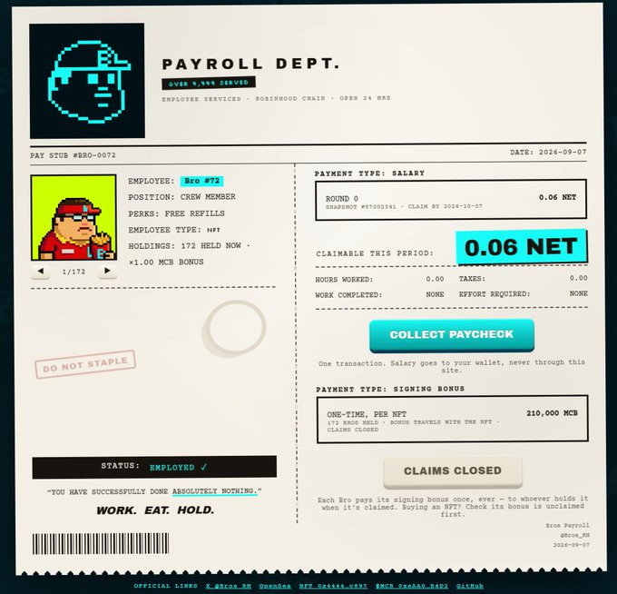A pixel-art styled "Payroll Dept." pay stub shows employee "Bro #72" receiving a one-time signing bonus of 210,000 MCB ($48.61) from $bros on Robinhood, with the caption celebrating their first weekly paycheck of 0.06 NET as a crew member of the Bros Hood Chain.
