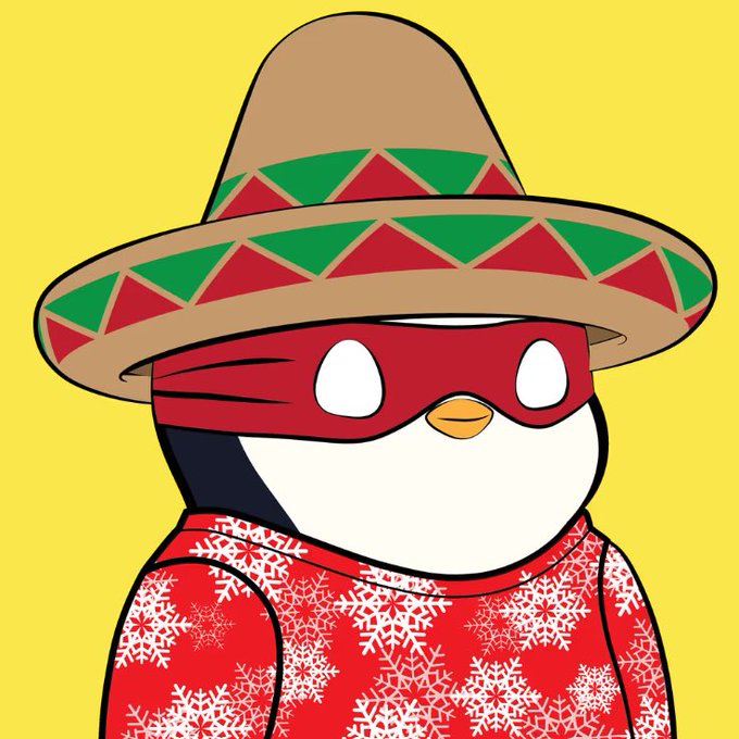 A cartoon penguin dressed as a Mexican bandit wears a green and red sombrero, a red superhero mask, and a red sweater with white snowflakes against a bright yellow background. The festive, costumed character fits the playful NFT theme, blending holiday and pop culture elements into a unique digital collectible design.