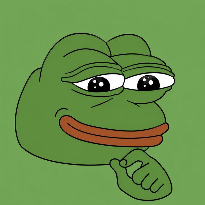 A digital illustration of Pepe the Frog, a green anthropomorphic frog character with droopy eyes and a wide, red-lipped smile, pointing to its chin against a green background.