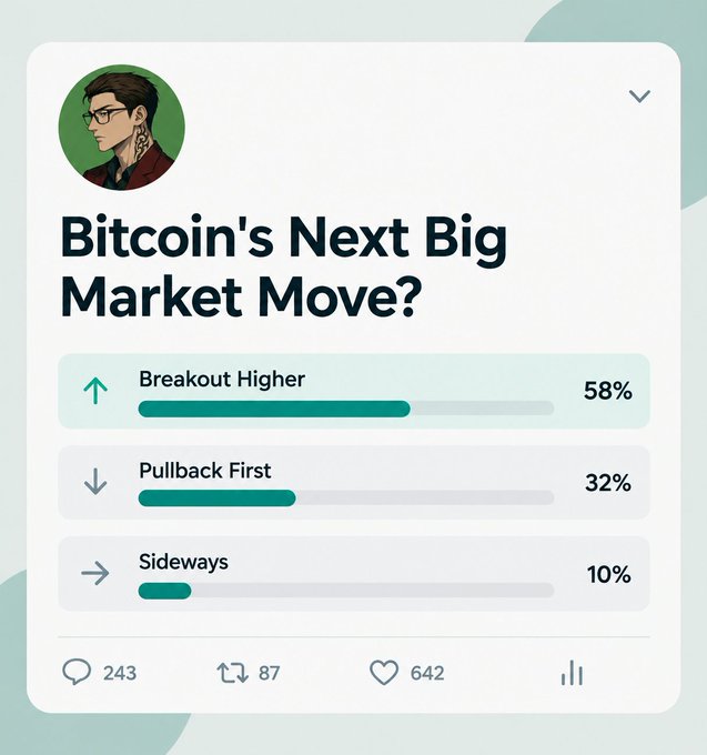 A social media poll titled 'Bitcoin's Next Big Market Move?' showing results: 58% Breakout Higher, 32% Pullback First, and 10% Sideways, with 243 comments, 87 reposts, and 642 likes.