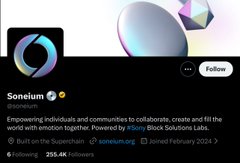 The image shows the Twitter/X profile of **Sonelum** (@sonelum_org), which uses the handle spelled "Sonelum" with a bio describing it as "Empowering individuals and communities to collaborate, create and fill the world with emotion together. Powered by **Sony Block Solutions Labs**." The profile has 255.4K followers and was joined in February 2024.

The caption relates to the accompanying post about **L2 Soneium**, which is also powered by Sony Block Solutions Labs, suggesting the account is the official profile for the Soneium blockchain project.
