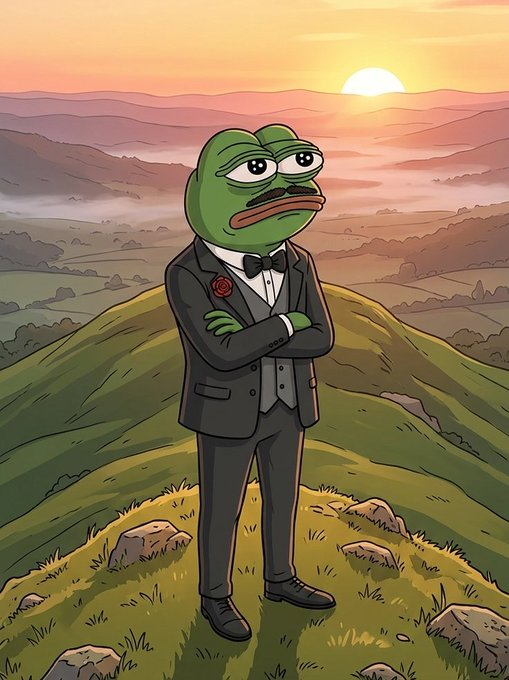 The image features a cartoon frog dressed up as a businessman standing on top of a hill with his arms crossed, giving him an air of authority or importance. The background shows a beautiful sunset over a valley, creating a serene atmosphere that complements the frog's character. The caption reads "GM GM everyone. Nice to see Quip Network @quipnetwork continuing to improve the experience for node operators. A new Node Manager build has just been released, making it even easier to run and manage a node."