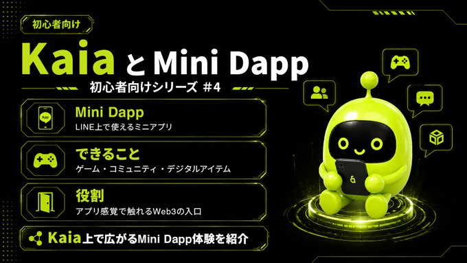 A Japanese-language promotional graphic introduces 'Kaia と Mini Dapp' (Kaia and Mini Dapp) as part of a beginner series, featuring a green robot mascot and information about mini apps, their capabilities (games, community, digital items), and role in Web3.