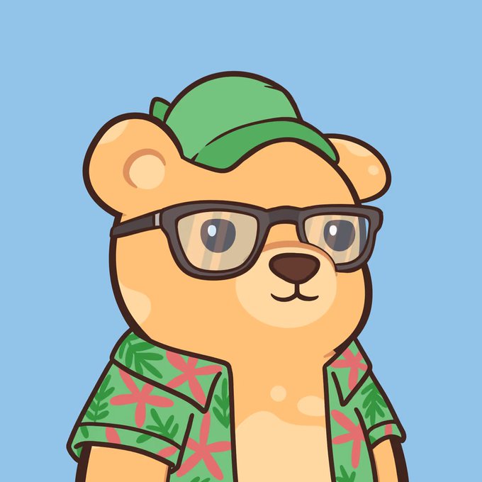 A cartoon bear wearing black glasses, a green cap, and a green Hawaiian shirt stands against a blue background.