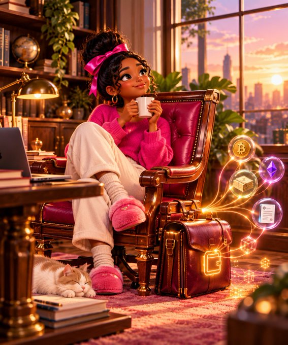 A 3D-rendered illustration of a young woman with curly hair in a pink sweater sitting in a leather armchair, holding a coffee cup, with floating cryptocurrency and digital icons around her, a cat at her feet, and a city skyline at sunset in the background.