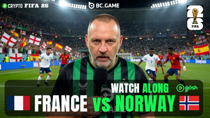 A promotional "Watch Along" thumbnail for a France vs. Norway match broadcast on GOSH, featuring a bearded presenter in a green and black striped shirt with a headset, set against a stadium background with national flags and the text "CRYPTO FIFA 26" and "BC.GAME" displayed.