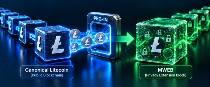 Diagram illustrating Litecoin's PEG-IN process, showing Canonical Litecoin (Public Blockchain) transitioning into MWEB (Privacy Extension Block).