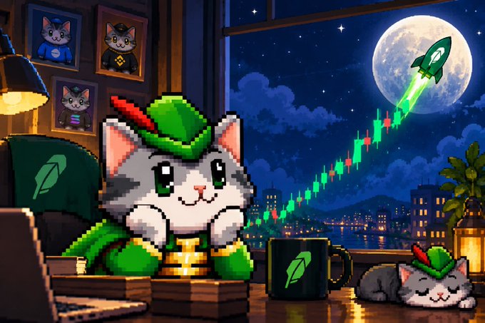 A pixel art illustration showing a cute cat in a green hat working at a laptop with a rocket and stock chart flying toward the moon, alongside a sleeping cat and a Rocket mug.
